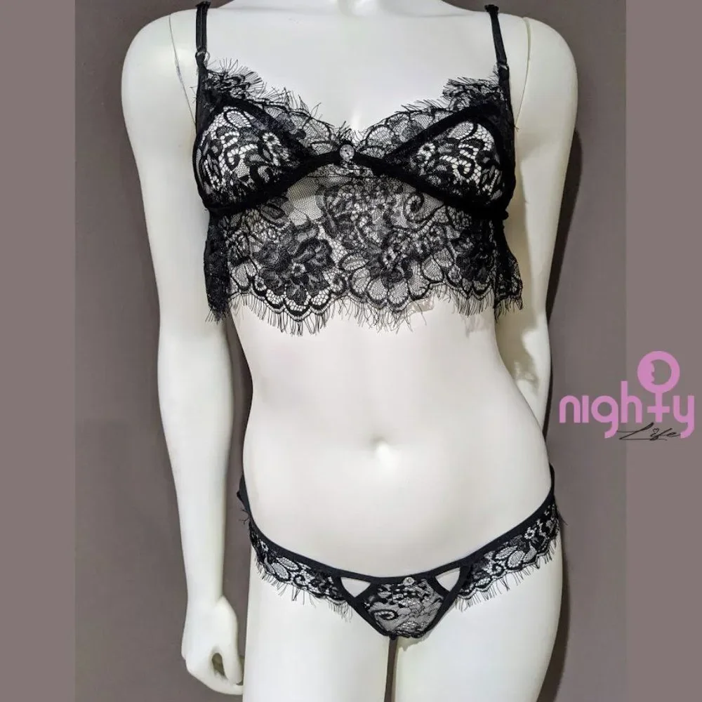 Night Escape Black Eyelash Bra Set - Picture 2 of 4